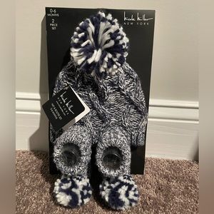 Nicole Miller baby knit hat and bootie set, navy blue and white, acrylic, 0-6mo
